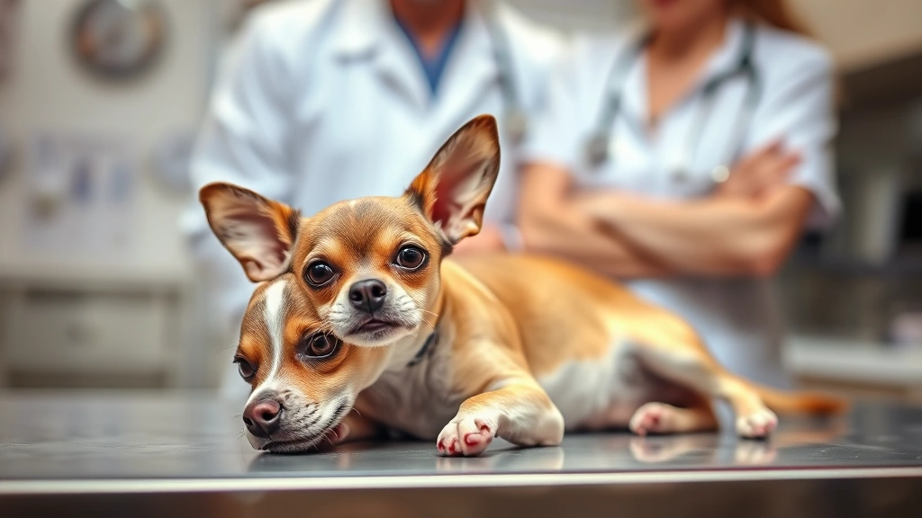 Small Chihuahua lying on a veterinary examination table with a concerned veterinarian in soft focus background, illustrating potential health concerns, warm clinical lighting