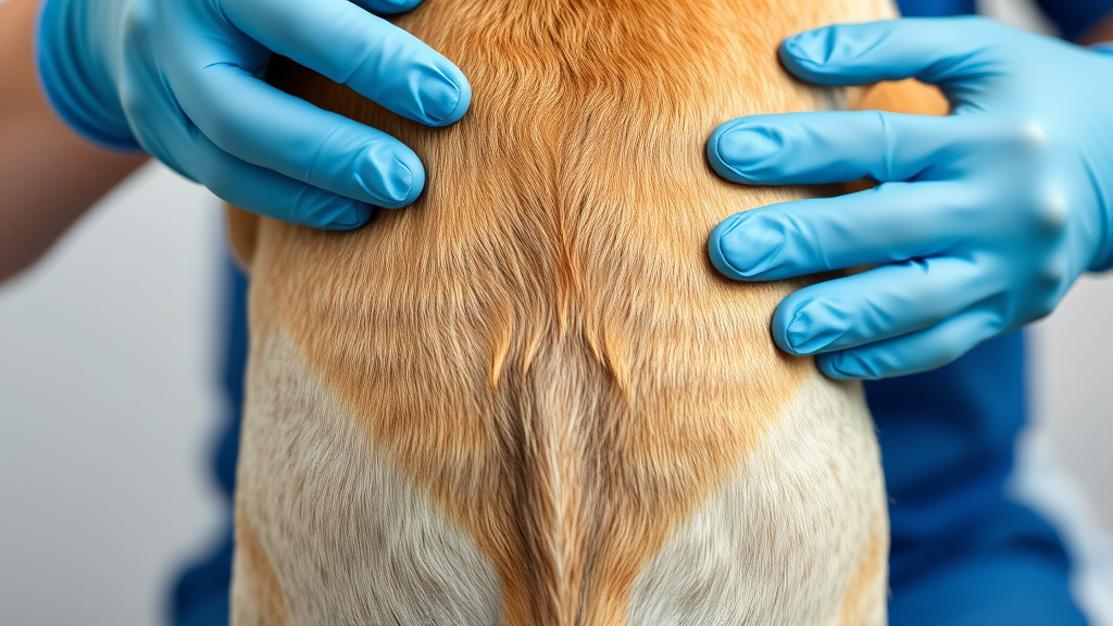 Close-up veterinary examination of dog's rear anatomy by professional hands wearing gloves, no text no words no letters