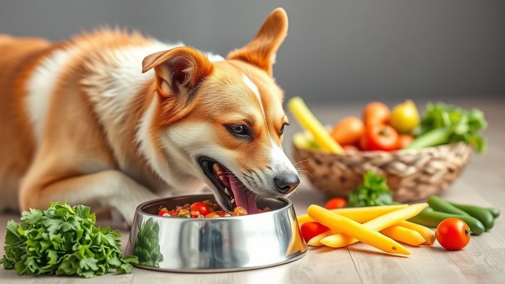 Happy dog eating from food bowl with fresh vegetables nearby showing healthy diet, no text no words no letters