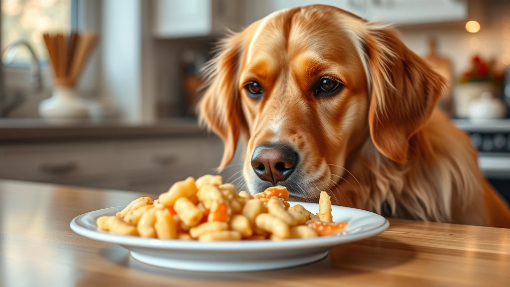 Golden retriever looking at plate of imitation crab meat, curious expression, indoor kitchen setting, warm lighting
