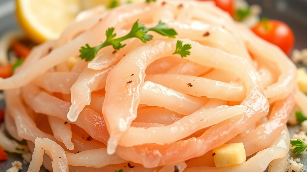 Close-up of raw imitation crab surimi with ingredients scattered around, showing texture and composition detail