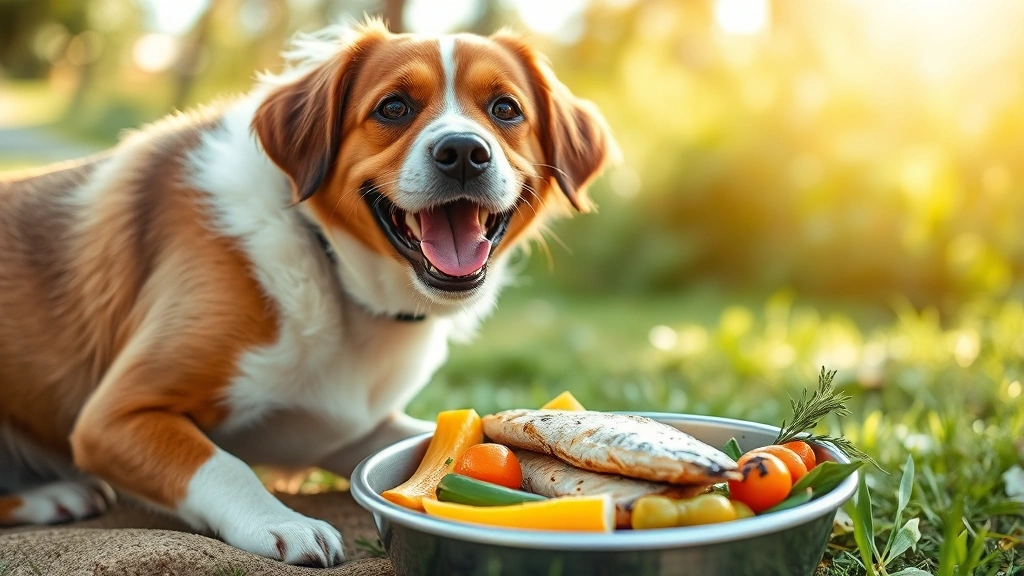 Happy healthy dog eating from bowl with plain cooked fish and vegetables, outdoor sunny setting, content expression