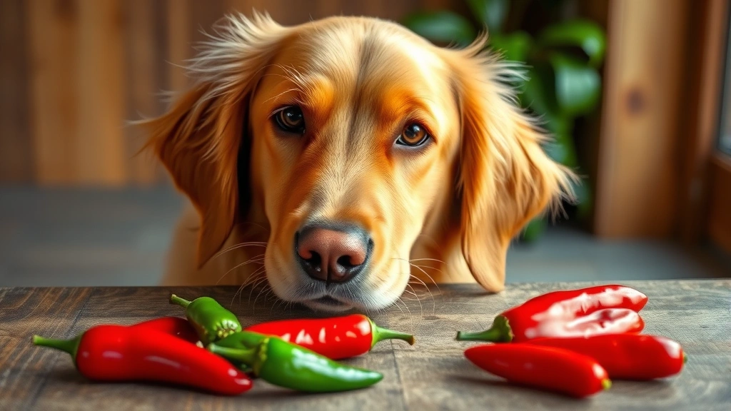 Golden retriever dog looking at spicy red jalapeno peppers on wooden table, curious expression