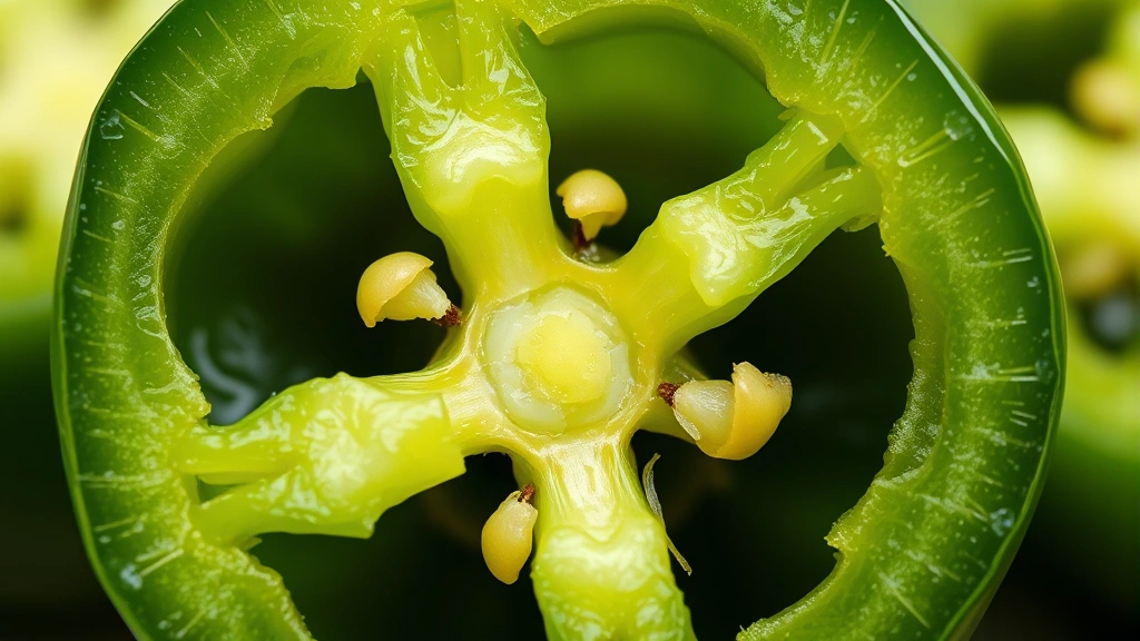 Close-up of fresh jalapeno pepper cut in half showing interior seeds and flesh detail
