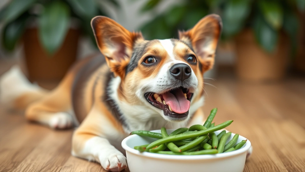 Happy healthy dog eating safe green beans from bowl with tail wagging contentment