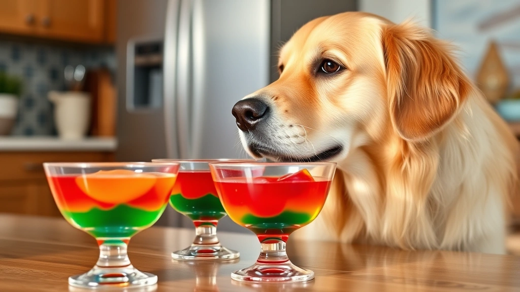 colorful Jello dessert in glass bowls with a golden retriever looking at it with curiosity, kitchen setting, professional pet photography