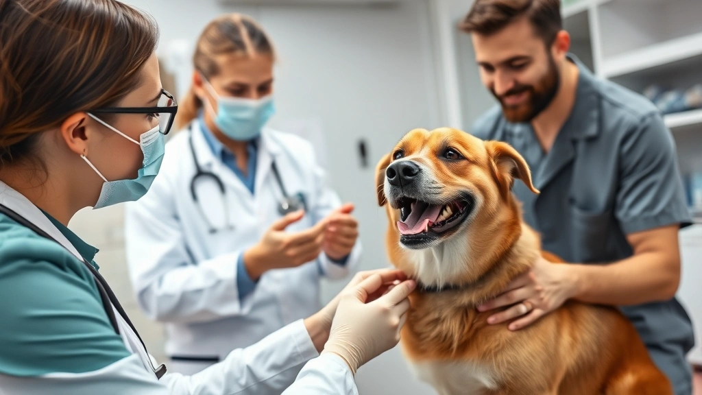 veterinarian examining a happy dog during checkup, discussing treat options with dog owner, modern veterinary clinic, professional medical setting