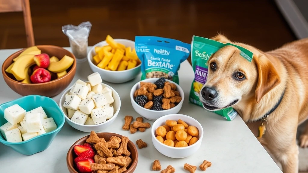 variety of dog-safe treats and alternatives arranged on a table including frozen broth cubes, fresh fruits, and commercial dog treats with a healthy dog nearby