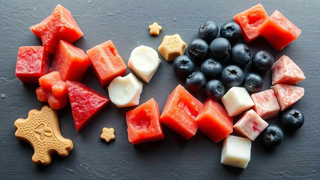 Assorted dog treats and frozen fruit pieces arranged on a slate surface, including blueberries, watermelon chunks, and yogurt cubes, natural daylight