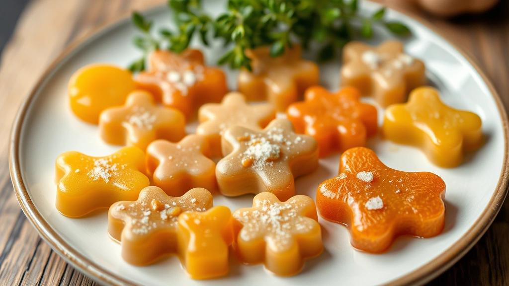 Homemade gelatin dog treats in various shapes and colors made from pumpkin and bone broth, displayed on a ceramic plate with fresh herbs nearby