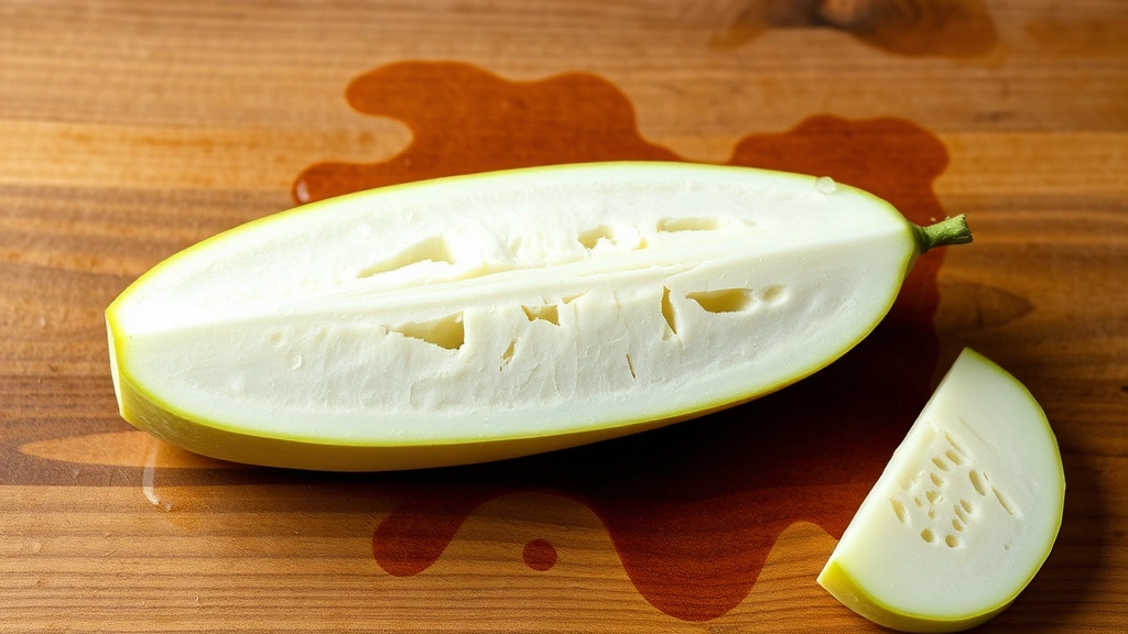 Fresh jicama root vegetable cut in half showing white flesh, positioned on rustic wooden cutting board with water droplets