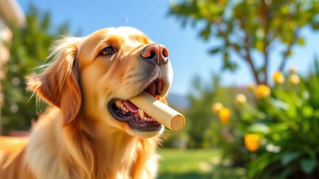 Golden Retriever happily chewing on a jicama stick treat outdoors in a sunny garden setting