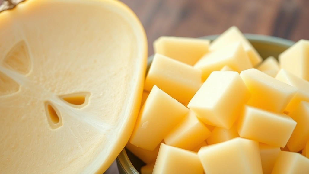 Close-up of peeled jicama pieces arranged in a bowl next to a whole peeled jicama, bright natural lighting