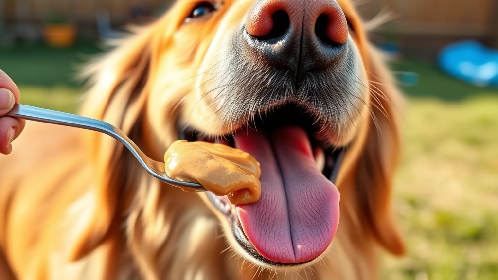 Golden retriever happily licking peanut butter off a spoon, close-up of dog's excited face with tongue out, warm natural lighting, backyard setting