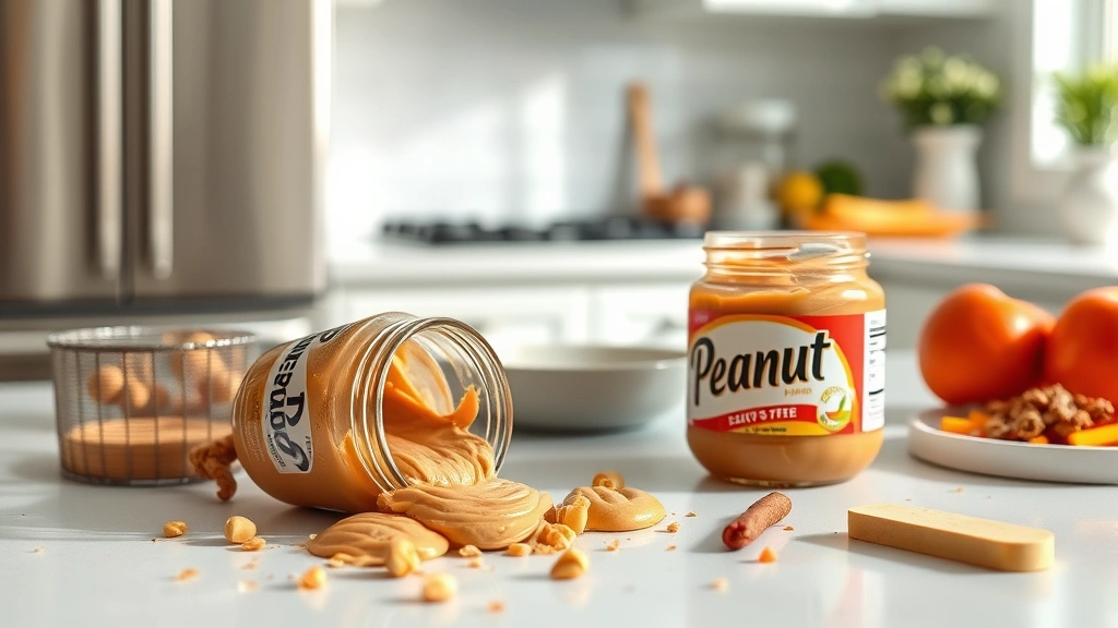 Jar of peanut butter spilled on white kitchen counter with various ingredients scattered nearby, bright daylight, clean modern kitchen background