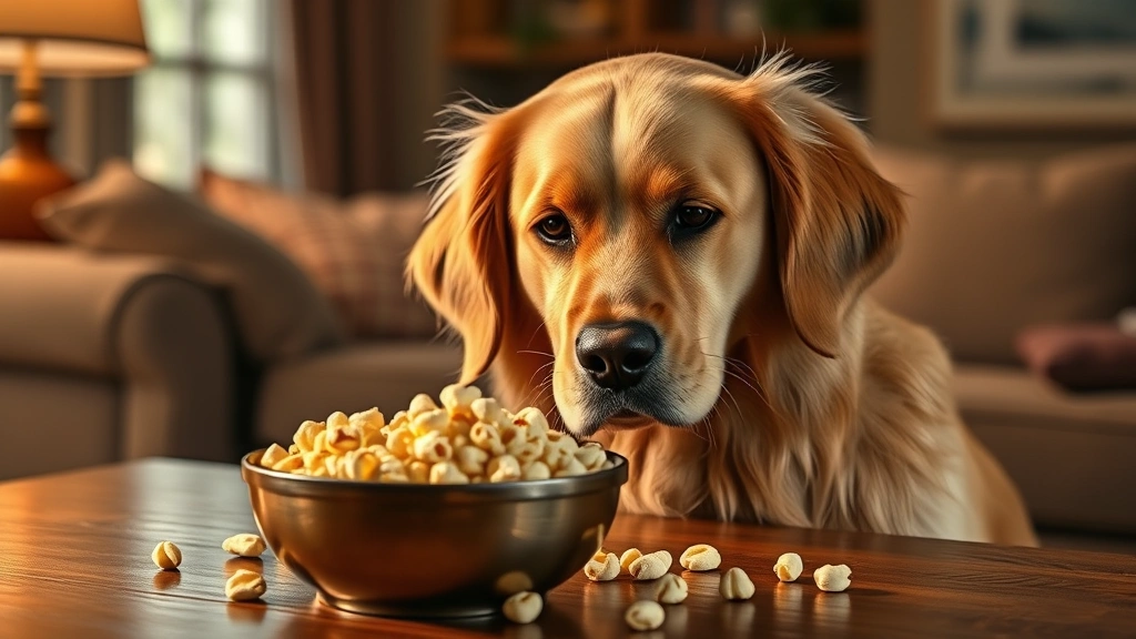 Golden retriever with sad eyes looking at a bowl of kettle corn on a table, photorealistic, warm lighting, cozy living room setting