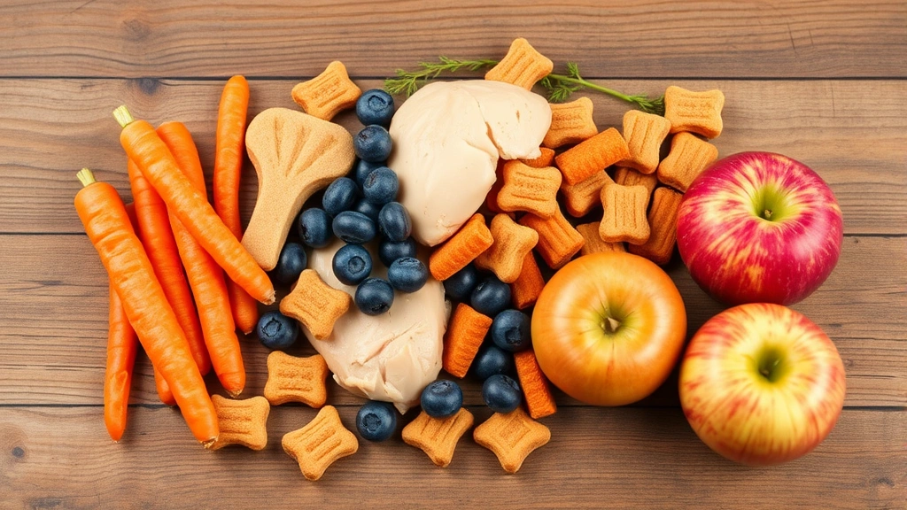 Variety of dog-safe treats including carrots, blueberries, plain chicken, and apples arranged on a wooden surface, photorealistic, natural daylight