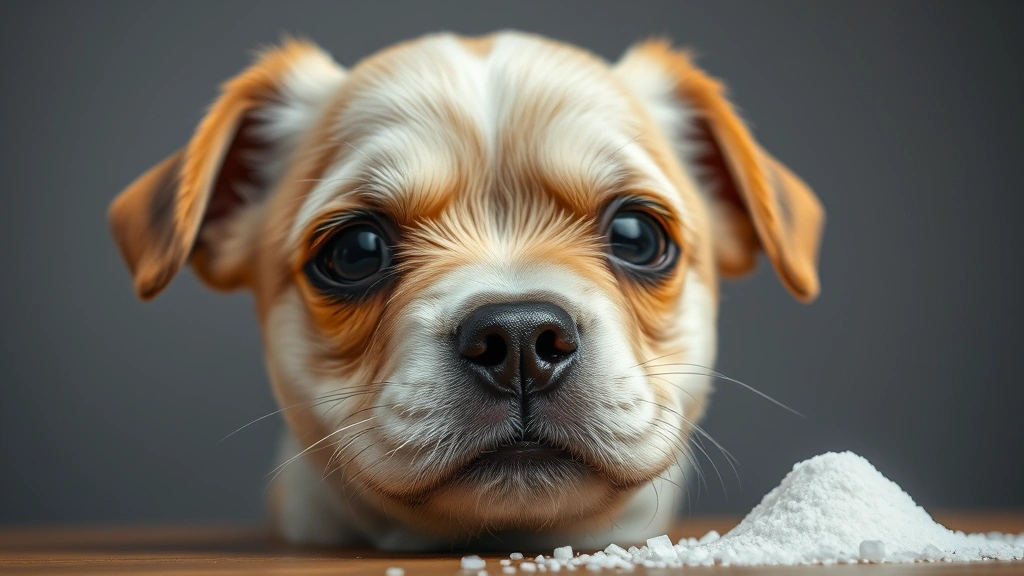 Close-up of a small dog's face with concerned expression, with salt crystals and sugar visible nearby, photorealistic, studio lighting