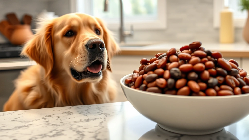 Golden retriever sitting next to bowl of kidney beans on kitchen counter, no text no words no letters