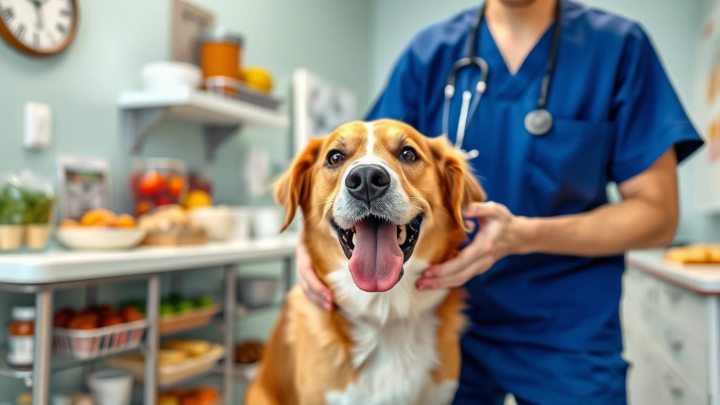 Veterinarian examining happy dog in clinic setting with healthy food options nearby, no text no words no letters
