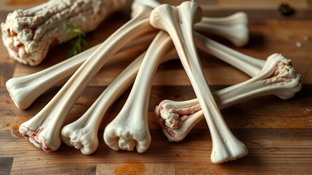 Close up of various raw lamb bones on wooden cutting board no text no words no letters