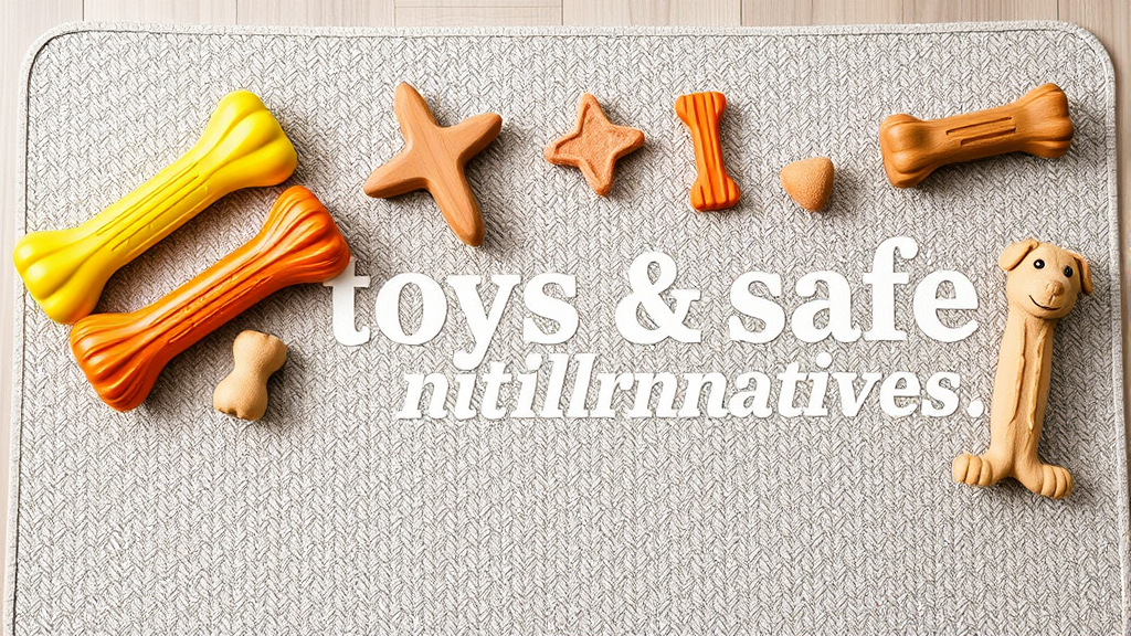 Dog chew toys and safe alternatives arranged on pet mat no text no words no letters