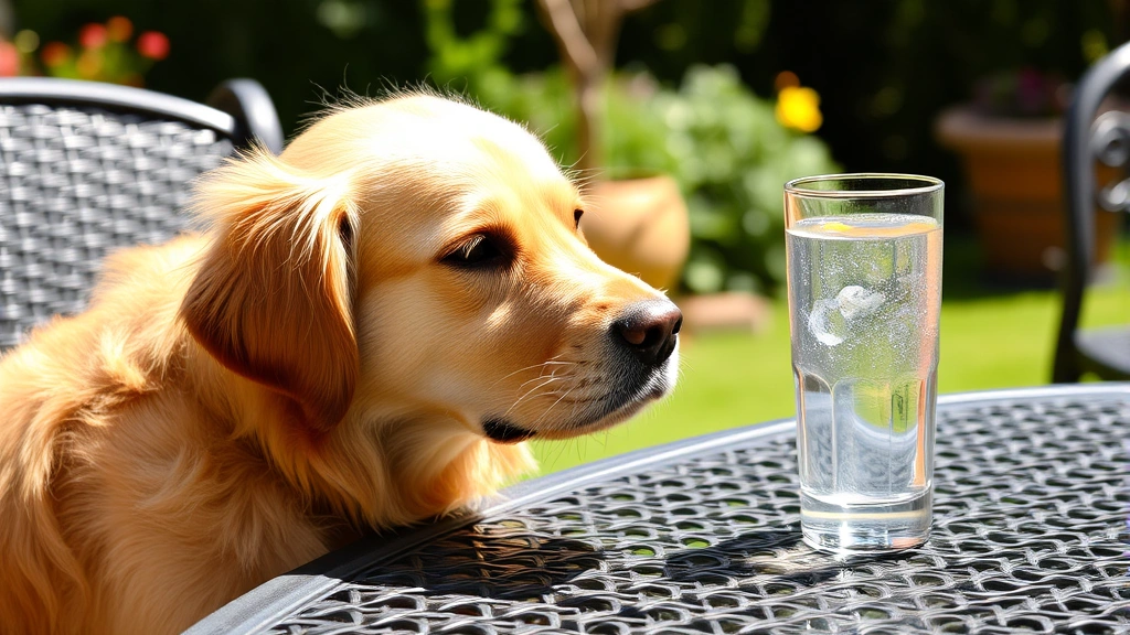Golden retriever sitting next to a glass of water on a sunny patio table, looking curious at the beverage