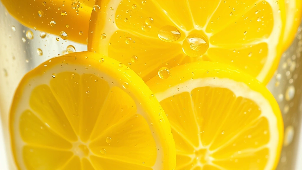 Close-up of fresh lemon slices and water droplets in a clear glass, bright natural lighting