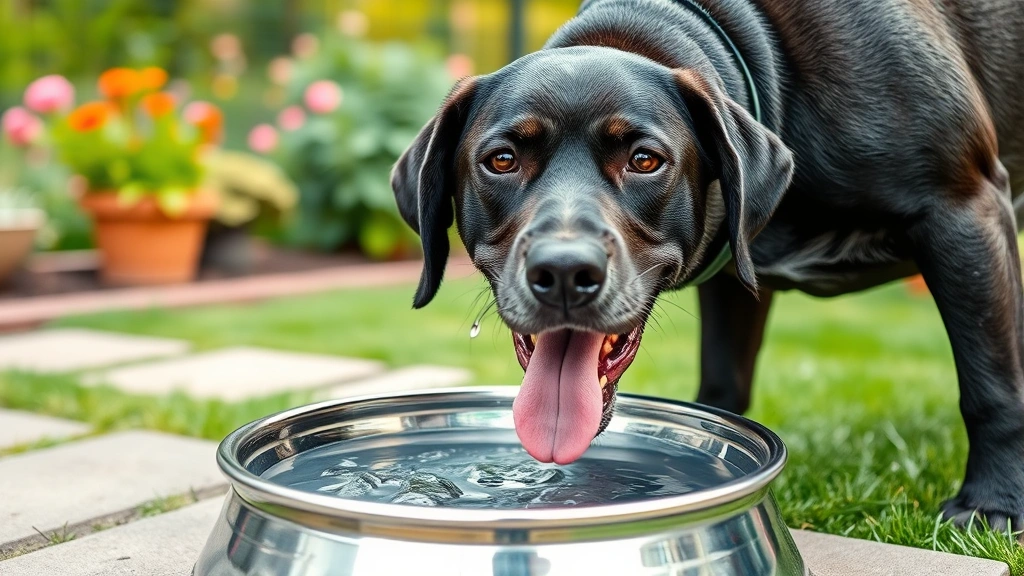 Happy labrador dog drinking fresh clean water from a stainless steel bowl outdoors in garden setting