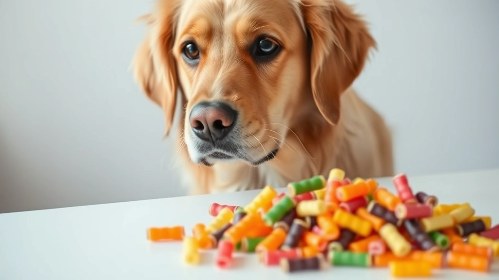 Golden retriever looking at a pile of colorful licorice candies on a white table, curious expression, natural lighting, shallow depth of field