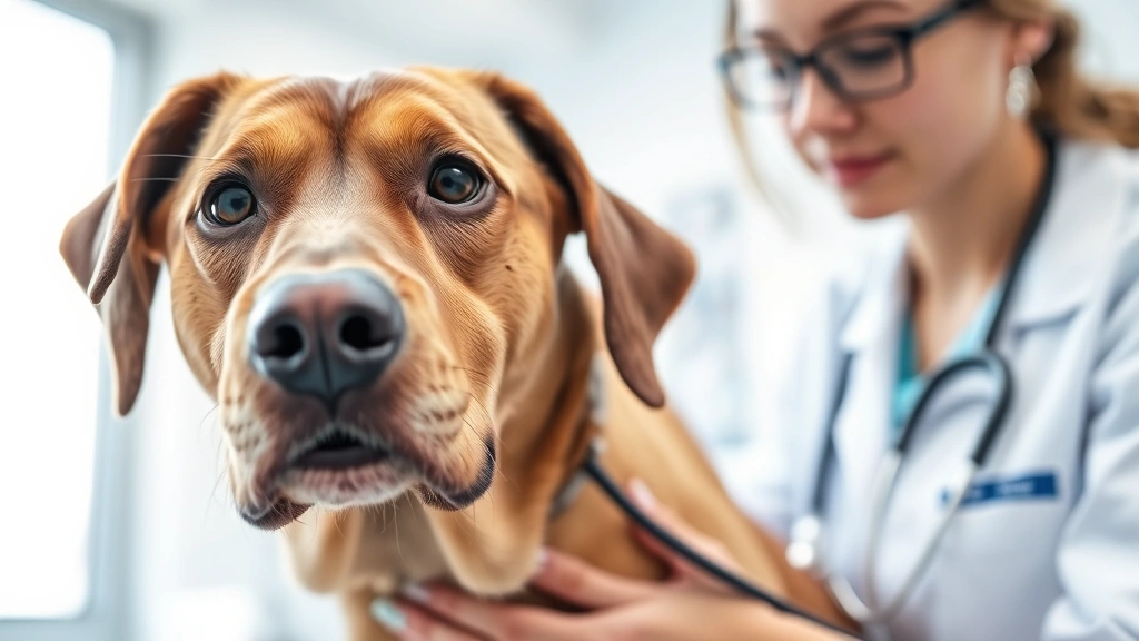 Close-up of a veterinarian examining a brown dog with a stethoscope in a bright clinic room, professional medical setting, concerned but caring demeanor
