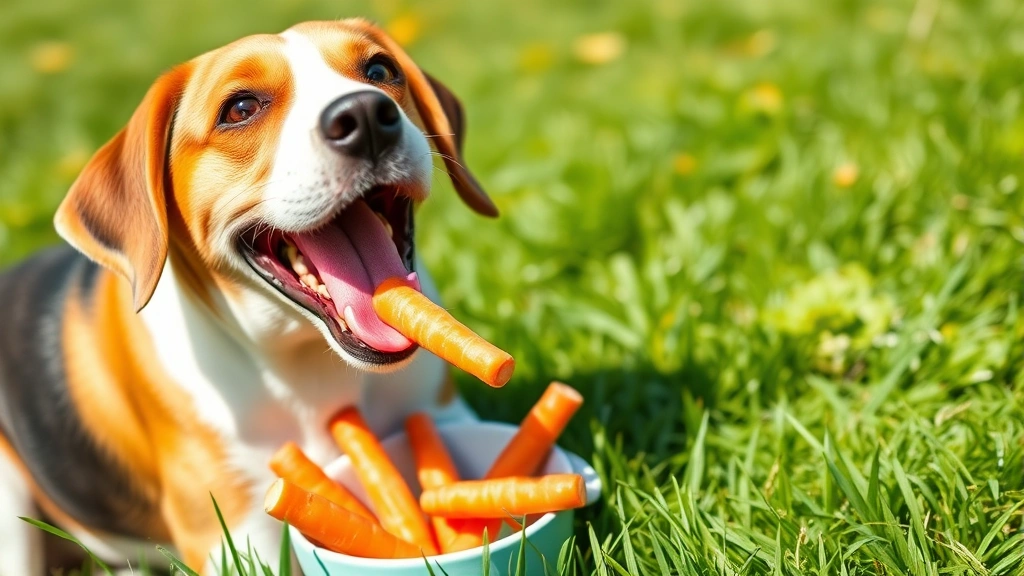 Happy beagle eating fresh carrot sticks from a bowl, sitting outdoors on green grass, bright sunny day, joyful expression, natural treat alternative