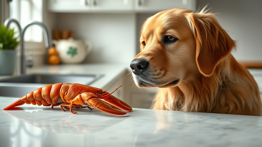 Golden retriever looking curiously at fresh lobster on kitchen counter, natural lighting, no text no words no letters
