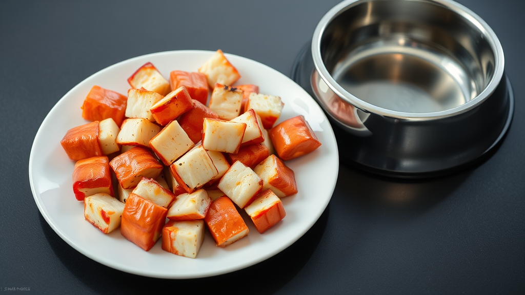 Cooked plain lobster meat pieces on white plate next to dog bowl, clean preparation, no text no words no letters
