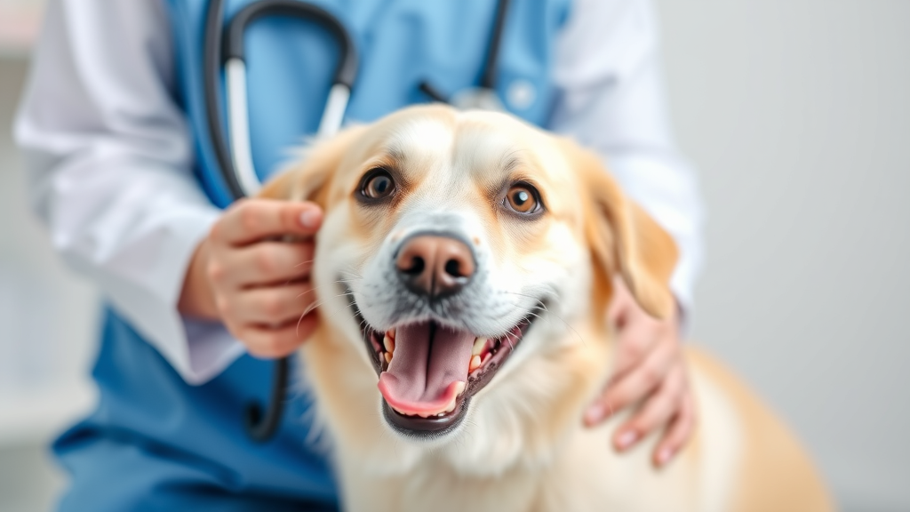Veterinarian examining happy dog while holding stethoscope, clinical setting, professional care, no text no words no letters