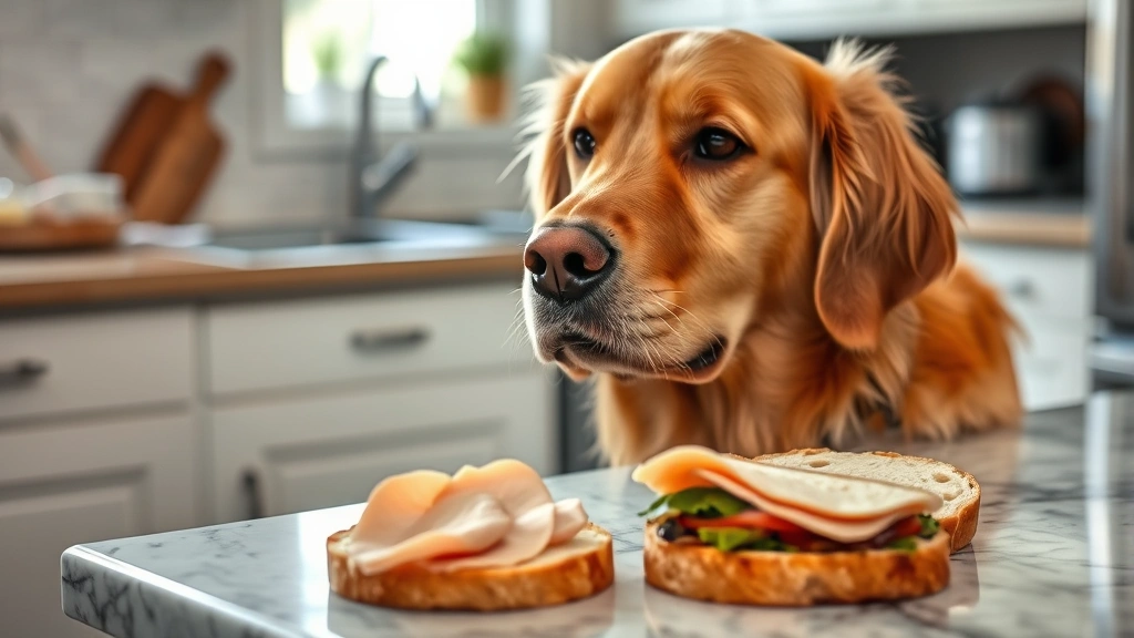 Golden retriever looking at a sandwich on a kitchen counter with sliced turkey and bread, curious expression, natural lighting, cozy kitchen setting