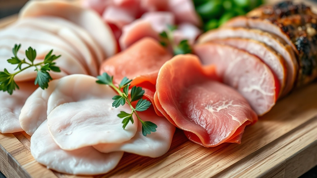 Close-up of various deli meats on a wooden cutting board including turkey, ham, and roast beef slices, arranged neatly with fresh herbs
