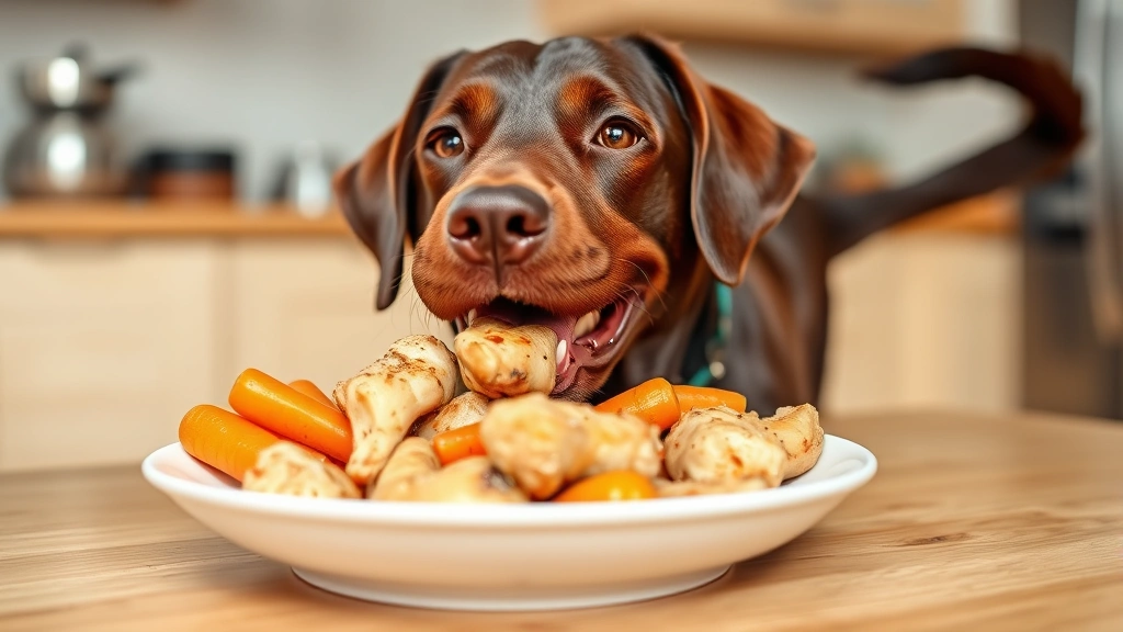 Happy chocolate lab enjoying a plate of fresh cooked chicken pieces and carrots, wagging tail, bright kitchen background, wholesome meal presentation