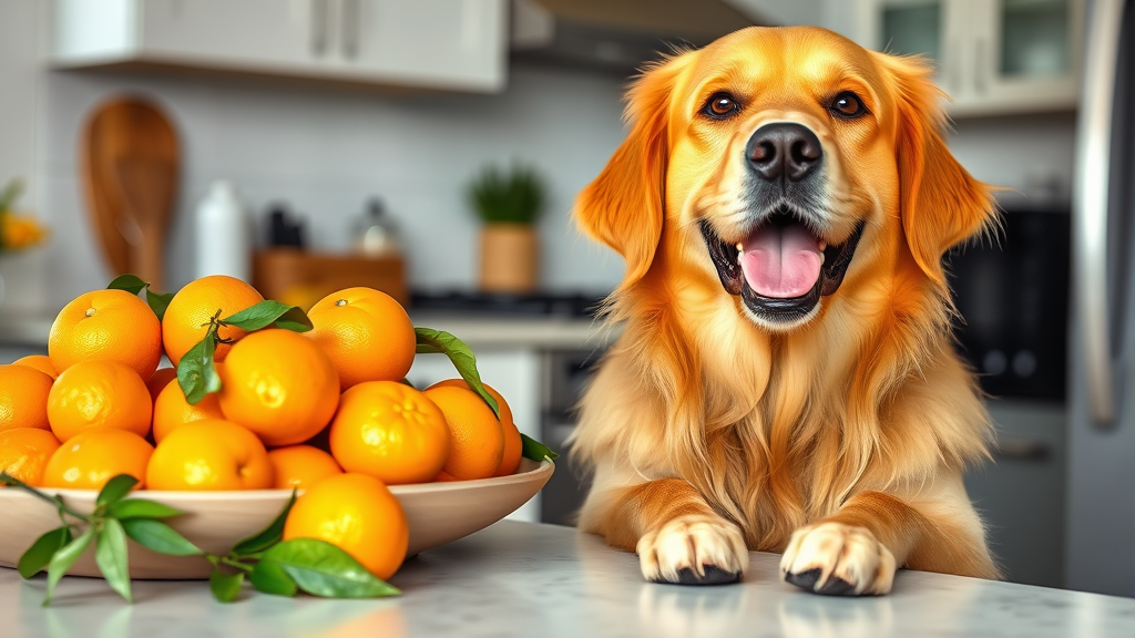 Happy golden retriever dog sitting next to fresh mandarin oranges on kitchen counter, no text no words no letters