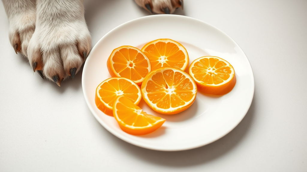 Peeled mandarin orange segments arranged on white plate with dog paws visible nearby, no text no words no letters