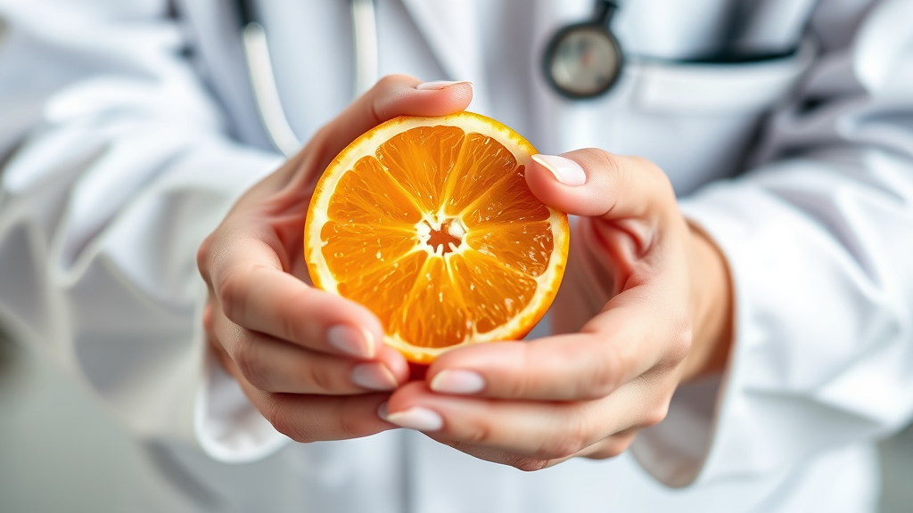 Veterinarian hands holding mandarin orange slice showing proper preparation for dogs, no text no words no letters