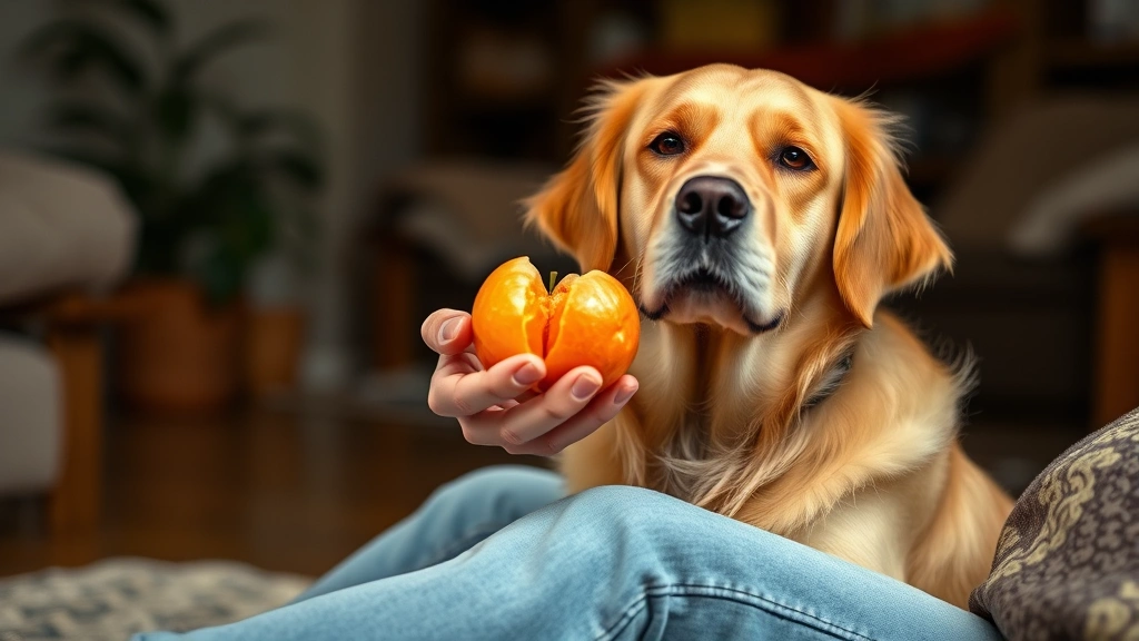 Golden retriever sitting attentively while owner holds a peeled mandarin, soft natural lighting, cozy home setting, dog looking hopeful