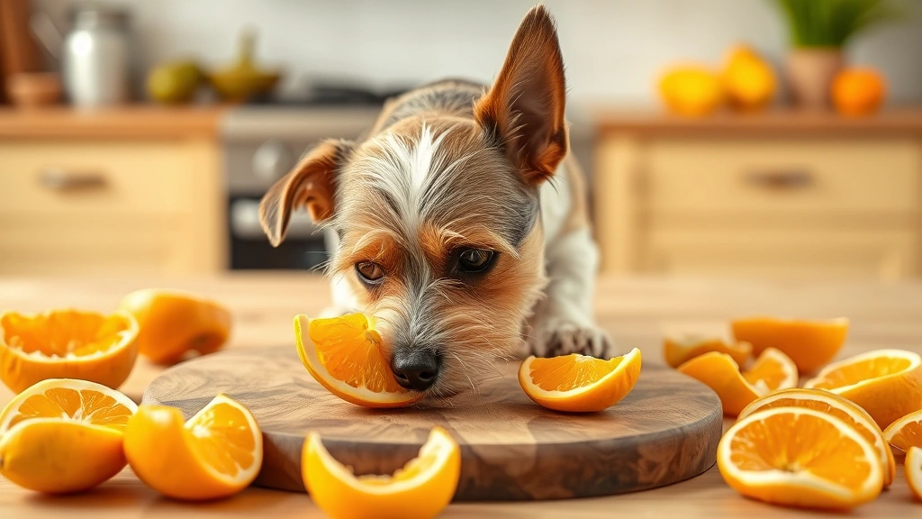 Small terrier dog sniffing a mandarin segment on a wooden cutting board, surrounded by peeled mandarin pieces, bright kitchen background