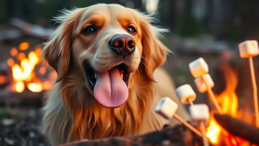 Golden retriever with tongue out, looking at a campfire with toasted marshmallows on sticks, warm firelight, outdoor camping scene, close-up dog face