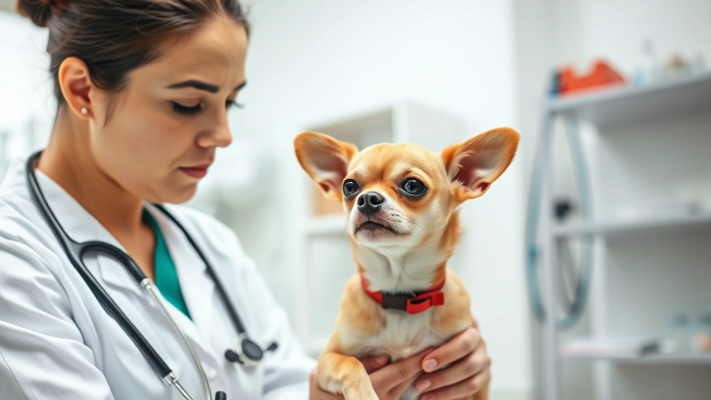Veterinarian examining a small Chihuahua in clinic, stethoscope around neck, concerned expression, bright medical office, professional setting