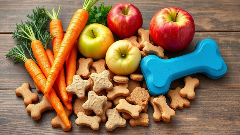 Assorted dog treats and healthy snacks displayed on wooden surface: carrots, apples, dog biscuits, chicken pieces, vibrant and appetizing arrangement