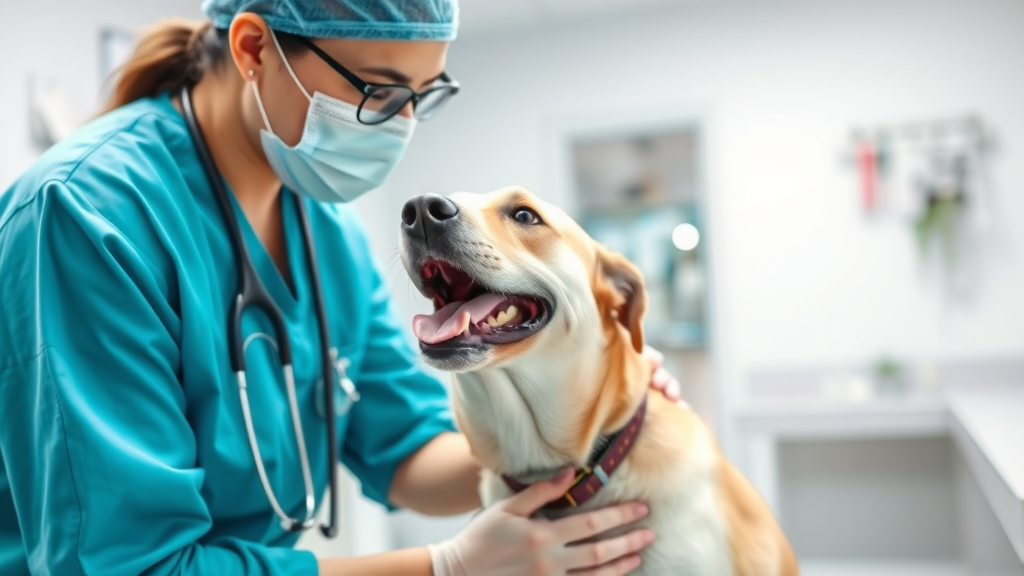 Veterinarian examining happy dog in bright clinic room, medical equipment visible, professional setting, no text no words no letters