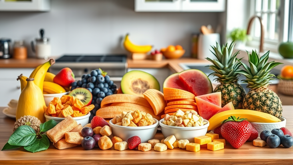 Colorful array of dog-safe fruit treats and healthy alternatives arranged on kitchen counter, natural lighting, no text no words no letters