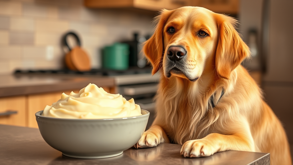 Golden retriever sitting beside bowl of plain mashed potatoes on kitchen counter, warm lighting, no text no words no letters
