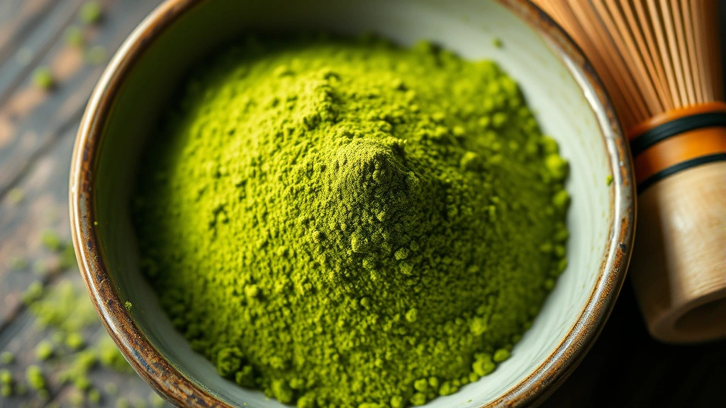Close-up of vibrant green matcha powder in a ceramic bowl with a bamboo whisk beside it, natural lighting